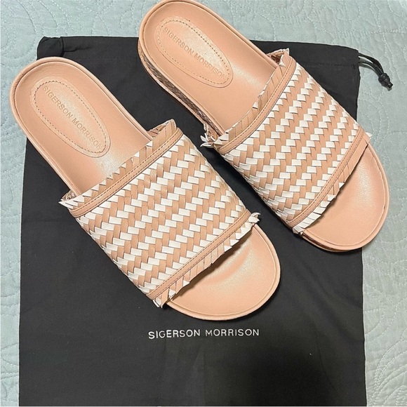 Leather Woven Blush and White Sigerson Morrison Aoven Slip on Slide Sandals - Picture 6 of 13